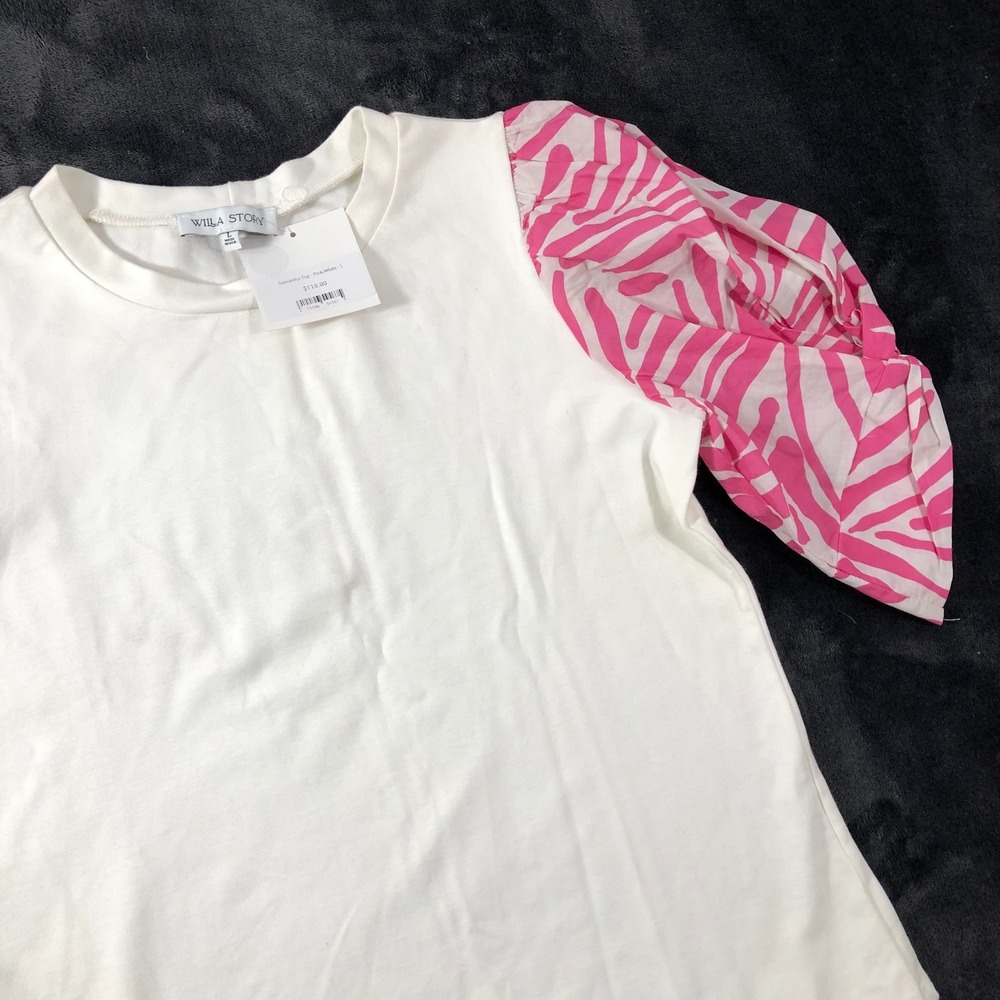 Willa Story Top Women's Large White Pink Zebra Printed Short Sleeve Samantha USA